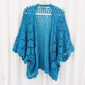Jessica London Blue Knitted Crochet Slouchy Boho Cardigan Sweater ~ Plus 22/24